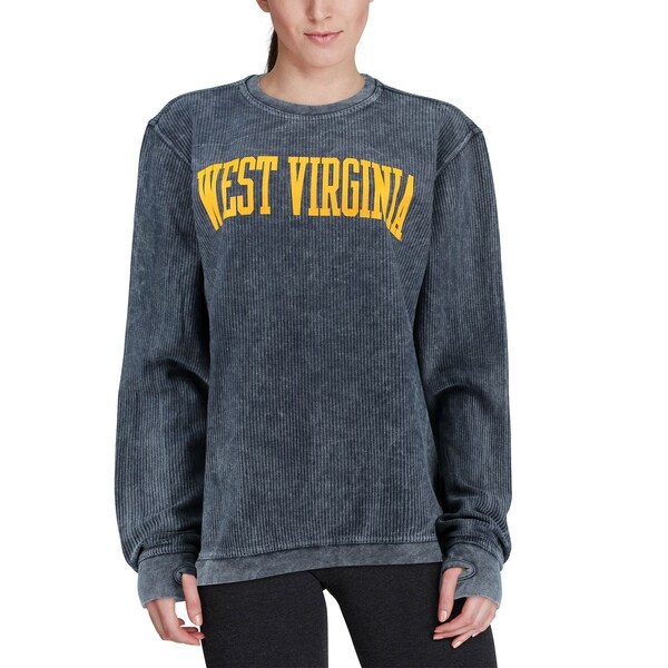 West Virginia Mountaineers Pressbox Women's Comfy Cord Vintage Wash Basic Arch Pullover Sweatshirt - Navy