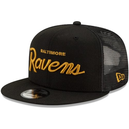 Baltimore Ravens New Era Script Trucker 9FIFTY Snapback Hat - Black