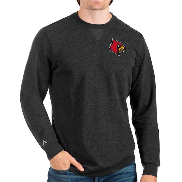 Louisville Cardinals Antigua Reward Crewneck Pullover Sweatshirt - Heathered Black