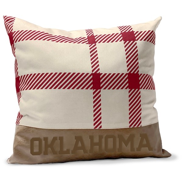 Oklahoma Sooners 18'' x 18'' Farmhouse Plaid and Faux Leather Throw Pillow