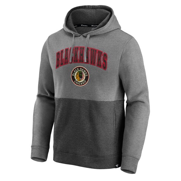 Chicago Blackhawks Fanatics Branded Block Party Classic Arch Signature Pullover Hoodie - Heathered Gray/Black