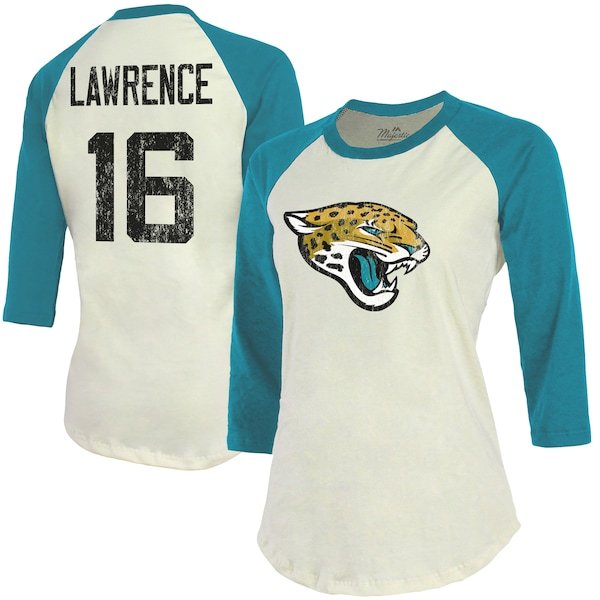Trevor Lawrence Jacksonville Jaguars Majestic Threads Women's Player Raglan Name & Number 3/4-Sleeve T-Shirt - Cream/Teal
