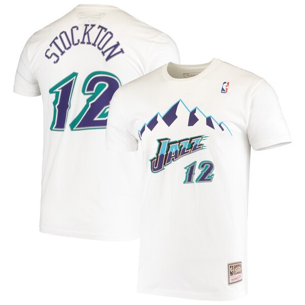John Stockton Utah Jazz Mitchell & Ness Hardwood Classics Stitch Name & Number T-Shirt - White