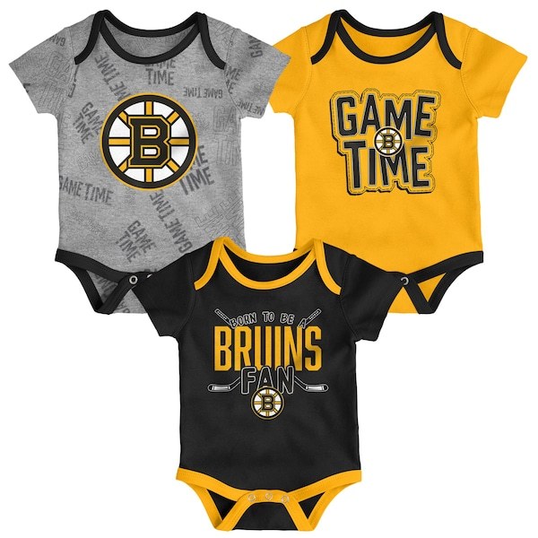 Boston Bruins Newborn & Infant Game Time Three-Piece Bodysuit Set - Black/Gold/Heathered Gray