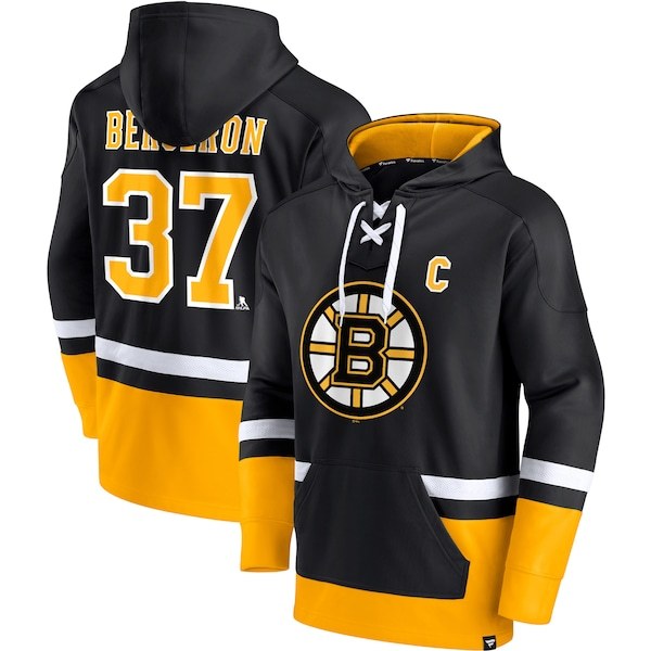 Patrice Bergeron Boston Bruins Fanatics Branded Player Lace-Up V-Neck Pullover Hoodie - Black/Gold
