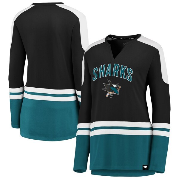 San Jose Sharks Fanatics Branded Women's Iconic Slapshot Long Sleeve Notch Neck T-Shirt - Black/Teal