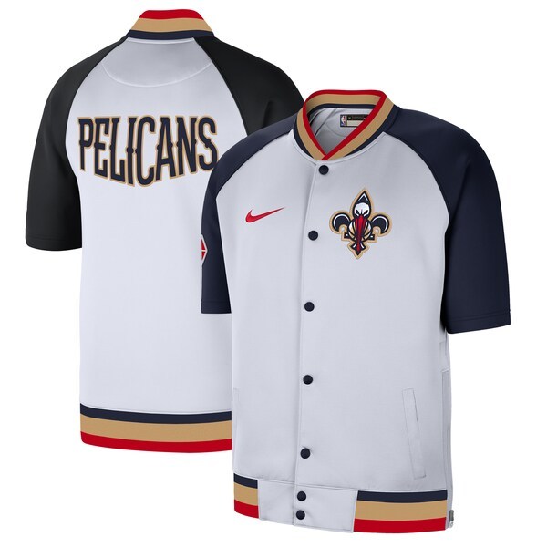 New Orleans Pelicans Nike 2021/22 City Edition Therma Flex Showtime Short Sleeve Full-Snap Bomber Jacket - White/Navy