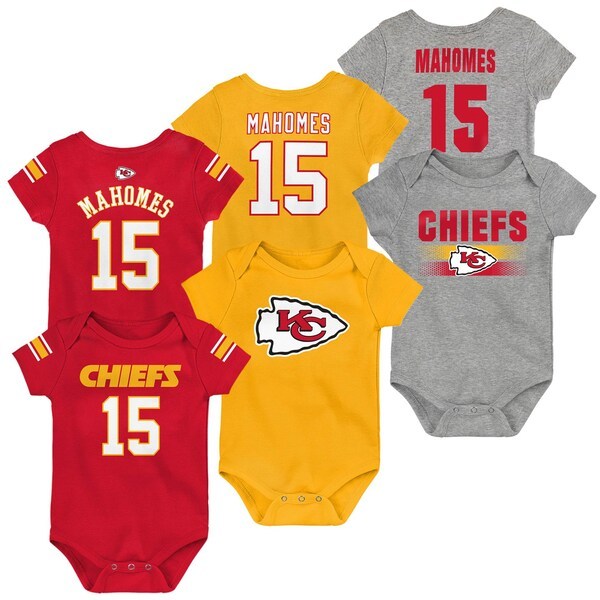 Patrick Mahomes Kansas City Chiefs Newborn & Infant Name & Number Three-Pack Bodysuit Set - Red/Gold/Heathered Gray