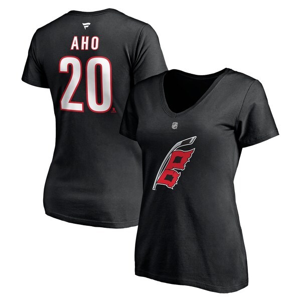 Sebastian Aho Carolina Hurricanes Fanatics Branded Women's Alternate Authentic Stack Name & Number V-Neck T-Shirt - Black