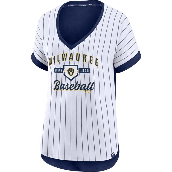 Milwaukee Brewers Fanatics Branded Women's Iconic Noise Factor Pinstripe V-Neck T-Shirt - White/Navy