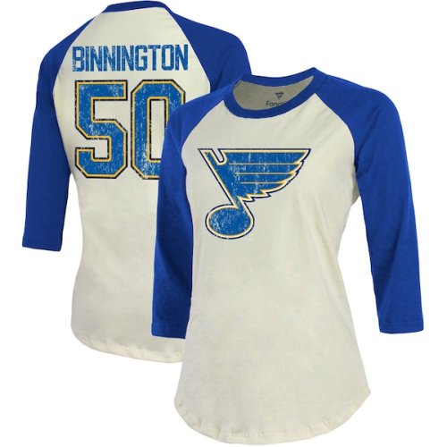 Jordan Binnington St. Louis Blues Fanatics Branded Women's Name & Number Tri-Blend Raglan 3/4-Sleeve T-Shirt - Cream/Blue