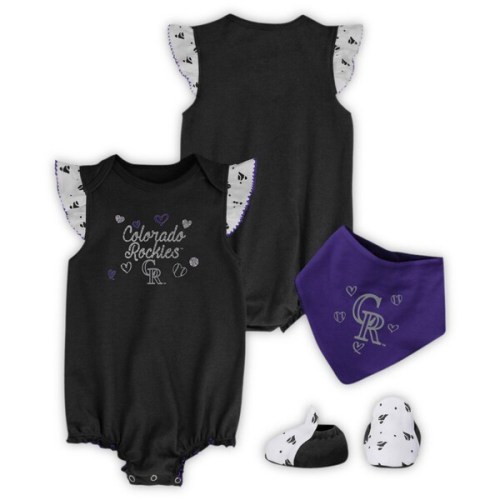 Colorado Rockies Girls Newborn & Infant Three-Piece Bodysuit, Bib & Bootie Set - Black