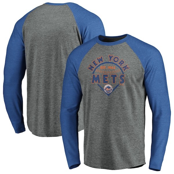 New York Mets Fanatics Branded True Classics Outfield Arc Raglan Long Sleeve T-Shirt - Gray/Royal
