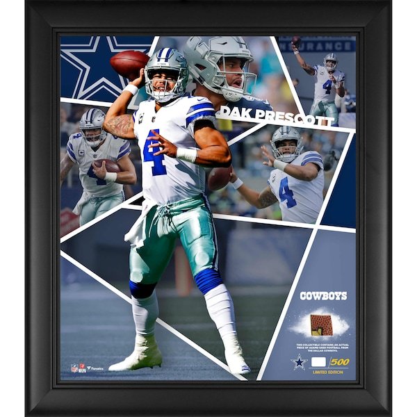 Dak Prescott Dallas Cowboys Fanatics Authentic Framed 15" x 17" Impact Player Collage with a Piece of Game-Used Football - Limited Edition of 500