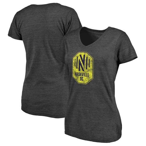 Nashville SC Fanatics Branded Women's Distressed Logo Tri-Blend V-Neck T-Shirt - Heathered Charcoal