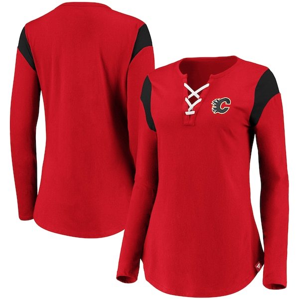 Calgary Flames Fanatics Branded Women's Iconic Long Sleeve Lace-Up V-Neck T-Shirt - Red