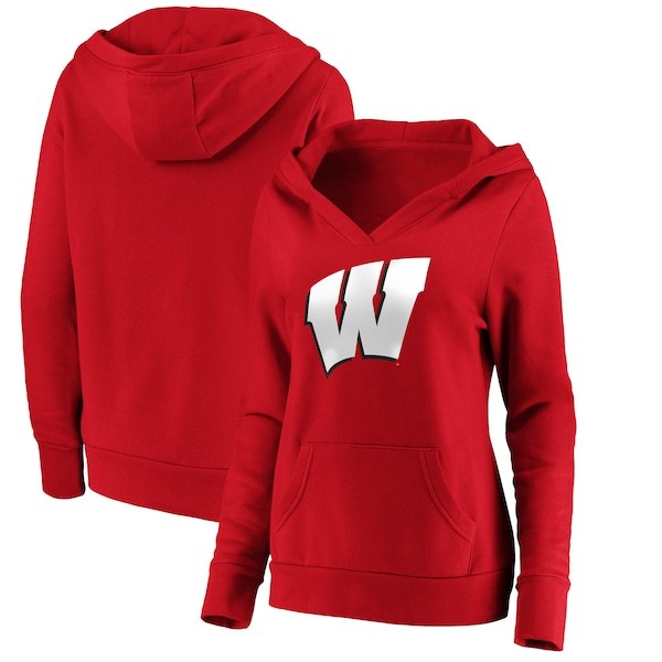 Wisconsin Badgers Fanatics Branded Women's Plus Size Primary Logo V-Neck Pullover Hoodie - Red