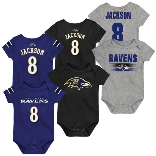 Lamar Jackson Baltimore Ravens Newborn & Infant Name & Number Three-Pack Bodysuit Set - Purple/Black/Heathered Gray