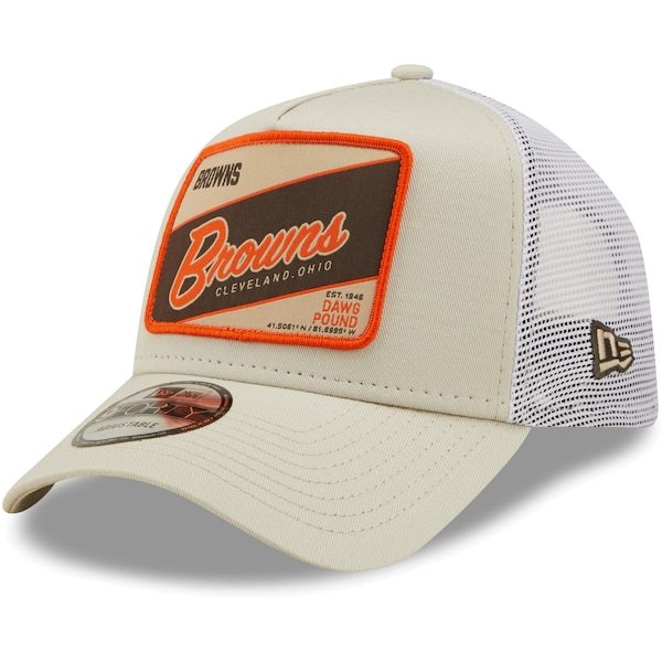 Cleveland Browns New Era Happy Camper A-Frame Trucker 9FORTY Snapback Hat - Khaki/White