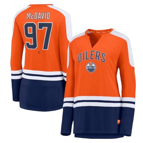 Connor McDavid Edmonton Oilers Fanatics Branded Women's Power Player Long Sleeve Notch Neck T-Shirt - Orange/Navy