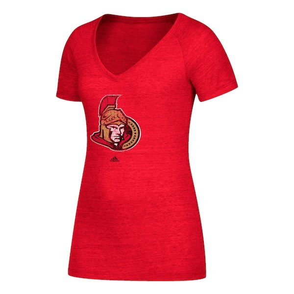 Ottawa Senators adidas Women's Distressed Logo V-Neck T-Shirt - Red
