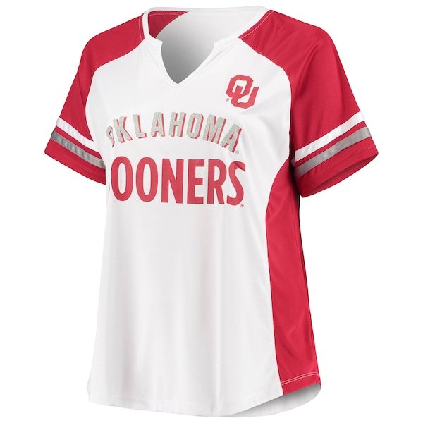 Oklahoma Sooners Women's Plus Size Stripe Raglan V-Neck T-Shirt - White/Crimson