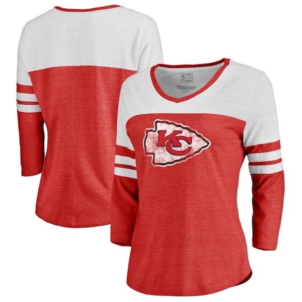Kansas City Chiefs Fanatics Branded Women's Distressed Team Striped Tri-Blend 3/4-Sleeve V-Neck T-Shirt - Heathered Red/White