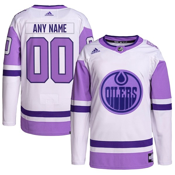 Edmonton Oilers adidas Hockey Fights Cancer Primegreen Authentic Custom Jersey - White/Purple
