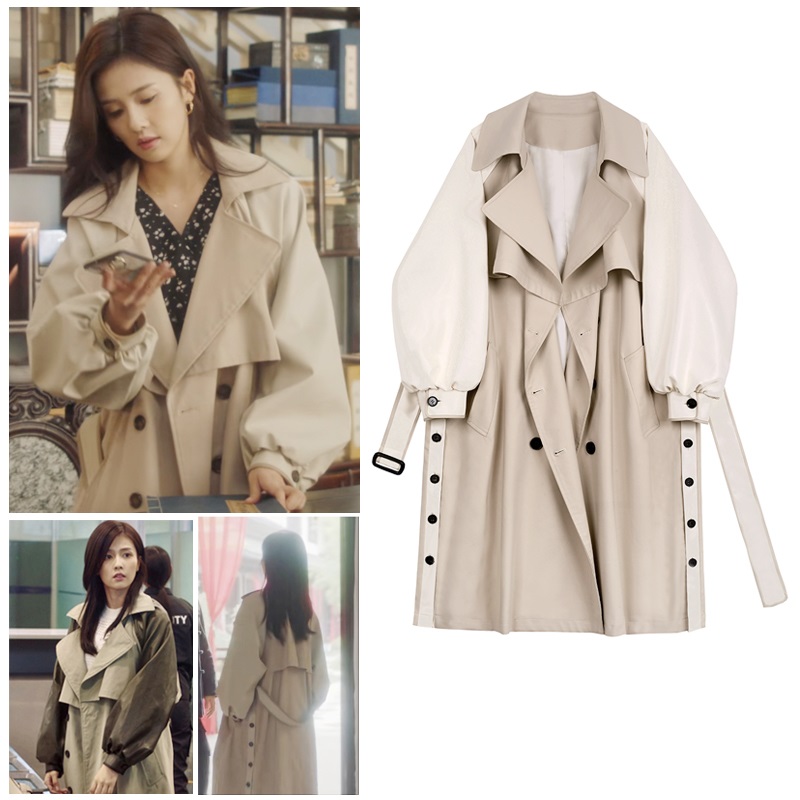 Army green Patchwork Trench Jacket for Women Spring and Autumn Mid-Length  Coat
