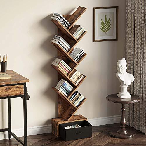 Rolanstar Tree Bookshelf with Drawer, 8 Shelf Rustic Brown Bookcase, Retro Wood Storage Rack for CDs/Movies/Books, Utility Organizer Shelves for Living Room, Bedroom, Home Office