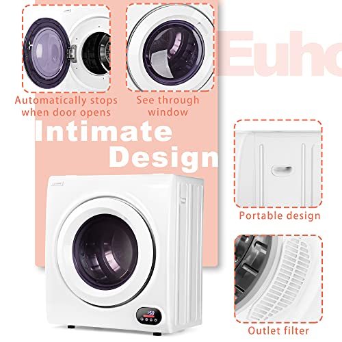 Euhomy Compact Laundry Dryer, 2.6 cu ft Front Load Stainless Steel Clothes Dryers With Exhaust Pipe, 1400W, LCD Control Panel Four-Function Portable Dryer For Apartments, Home, Dorm, White.