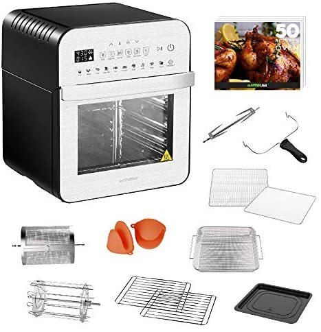 GoWISE USA 14.7-Quart Air Fryer Grill with Dual Heating Elements & Oven with Rotisserie, Dehydrator, Preheat and Broil Functions + 11 Accessories with 2 Recipe Books (Stainless Steel/Black), Ultimate