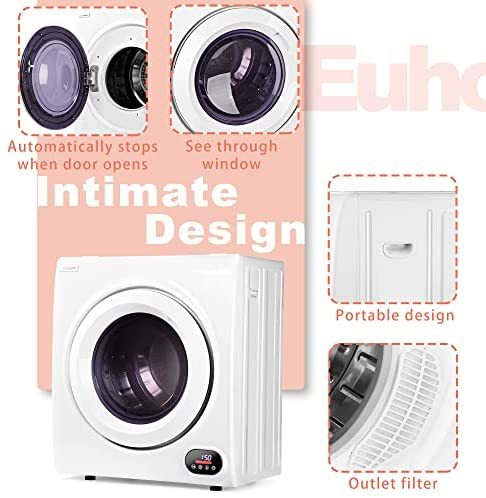 Euhomy Compact Laundry Dryer, 2.6 cu ft Front Load Stainless Steel Clothes Dryers With Exhaust Pipe, 1400W, LCD Control Panel Four-Function Portable Dryer For Apartments, Home, Dorm, White.