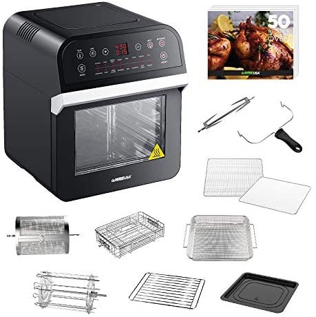 GoWISE USA 14.7-Quart Air Fryer Grill with Dual Heating Elements & Oven with Rotisserie, Dehydrator, Preheat and Broil Functions + 11 Accessories with 2 Recipe Books (Stainless Steel/Black), Ultimate