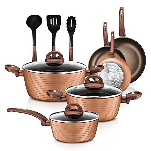 Nutrichef Kitchenware Pots & Pans Set - Stylish Kitchen Cookware, Non-Stick Coating Inside & Outside + Heat Resistant Lacquer Outside, Coffee Inside and Brown Outside (12-Piece Set) (NCCW12BRW)