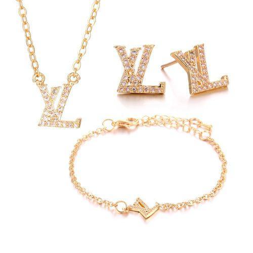 Fashion Luxury Crystal Necklace Earring Bracelet Set Metal Jewelry Sets For Women