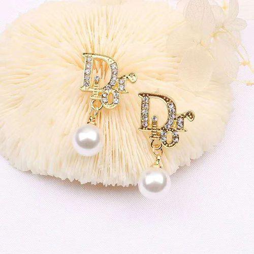 Women Pearl Set with Diamond Earrings Classic Etud Fashion High-quality Jewelry Letter Brass
