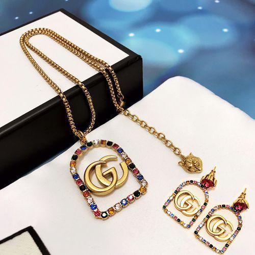 New Retro Color Diamond Square Earrings Female Necklace Accessories