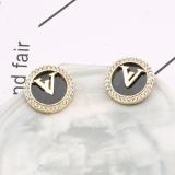 Fashionable Korean Jewelry V Home Round Embedded Shell Hollow Letter Diamond Simple Earrings