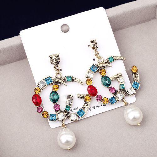 New Retro Color Crystal Exaggerated C C Letter Earrings Irregular Personalized Dangle Drop Long