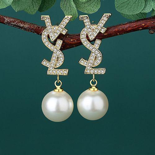 Korean New S925 Silver Needle Fashion Letter Earrings Gold Diamond Pearl Earrings Women'S Face