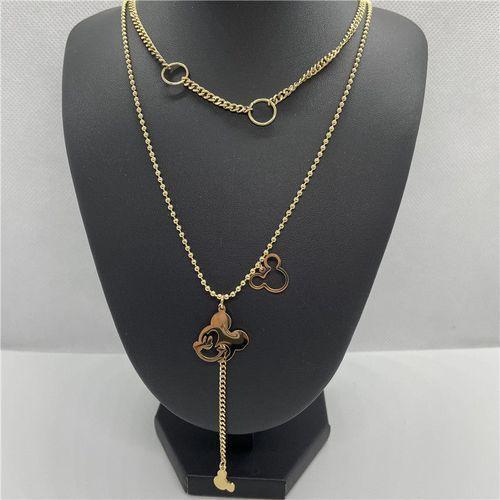 Wind Hot Double Layer Round Bead Necklace Mickey Pendant Jewelry Women's Titanium Steel Necklace