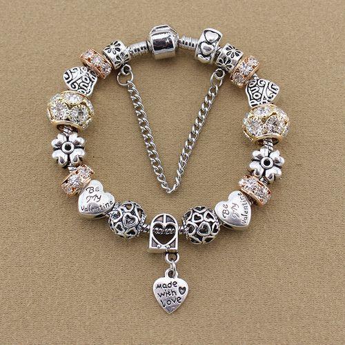 Heart Charm Fit Pandora Bracelet & Bangles With Beige Glass Beads Jewelry & Artificial Diamond