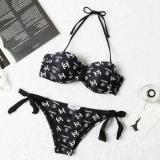 New Ladies Halter Neck Two-Piece Set Pure Color Swimsuit Split Bikini Letter Print Sexy