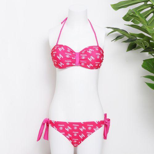 New Ladies Halter Neck Two-Piece Set Pure Color Swimsuit Split Bikini Letter Print Sexy