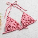 Summer New Letter Print Swimsuit Triangle Bag Squeeze Rope Bikini Split Swimsuit Adjustable