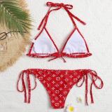 Summer New Letter Print Swimsuit Triangle Bag Squeeze Rope Bikini Split Swimsuit Adjustable