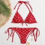 Summer New Letter Print Swimsuit Triangle Bag Squeeze Rope Bikini Split Swimsuit Adjustable