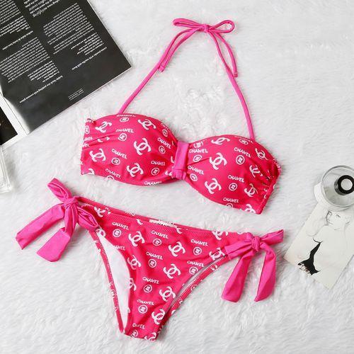 New Ladies Halter Neck Two-Piece Set Pure Color Swimsuit Split Bikini Letter Print Sexy