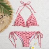 Summer New Letter Print Swimsuit Triangle Bag Squeeze Rope Bikini Split Swimsuit Adjustable